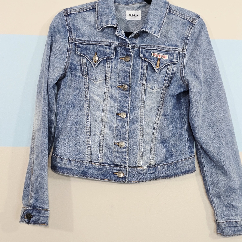 Hudson Classic Blue Distressed Cropped Jean Jacket - Picture 3 of 9